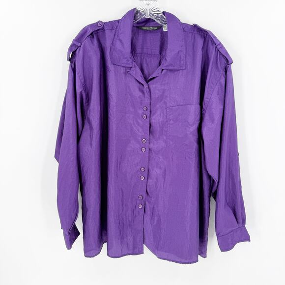 Vintage Ashleigh Morgan Purple Unlined Button Front Blouse Shoulder Pads Size 2X - Picture 1 of 9